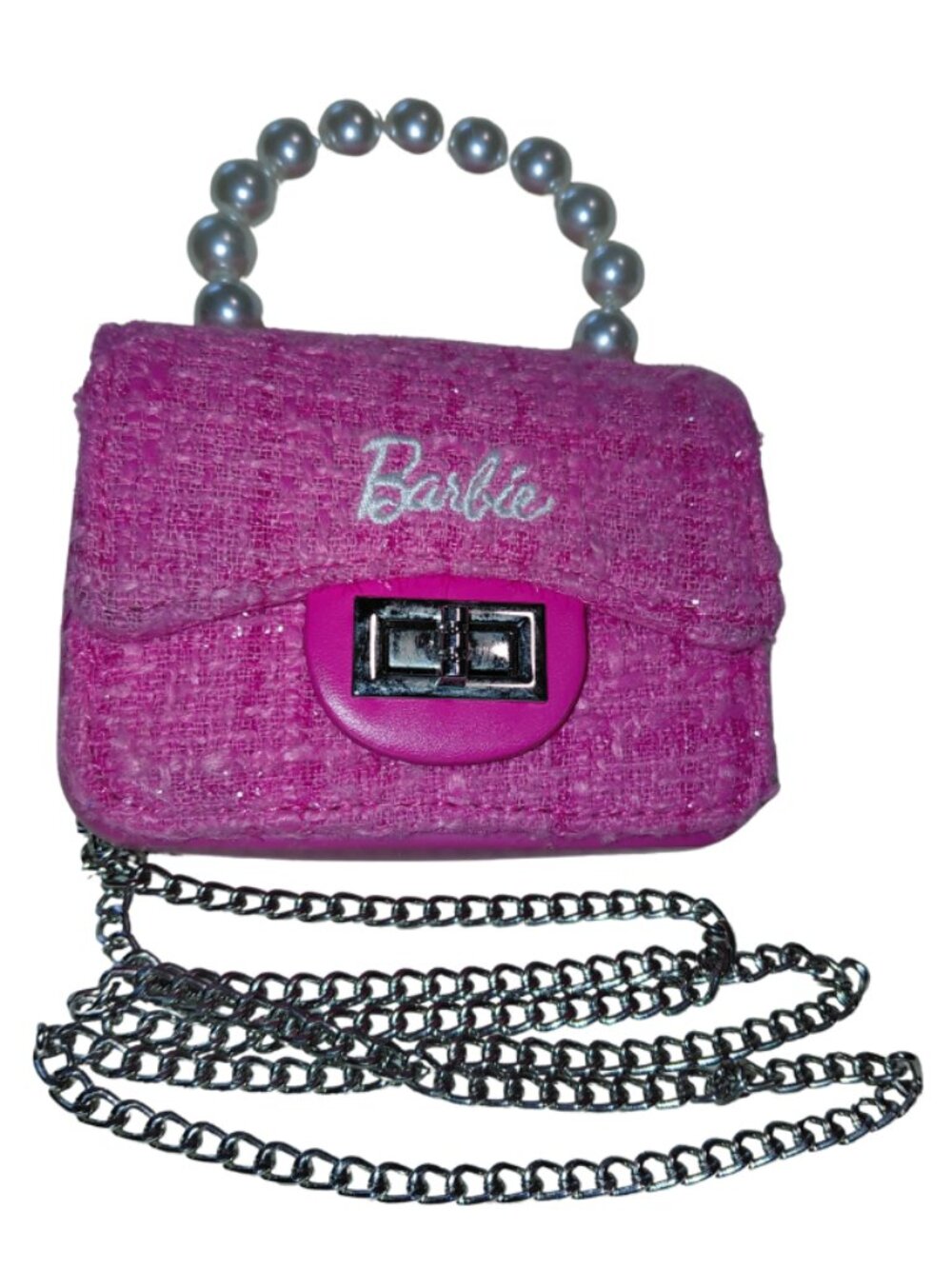 Barbie Twill Pink Mini Handbag w/ Pearl Handle & Silver Chain Shoulder Strap